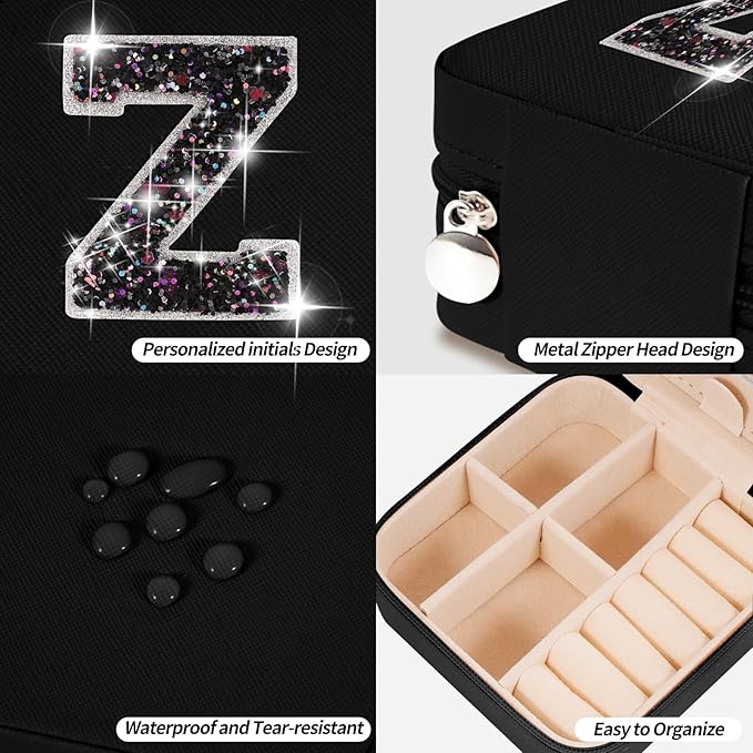 Personalized Jewelry Case for Women Girls - Fashion Mini Jewelry Boxes - Trendy Travel Jewelry Organizer with Initials Letter - Teen Gifts | Black,Z