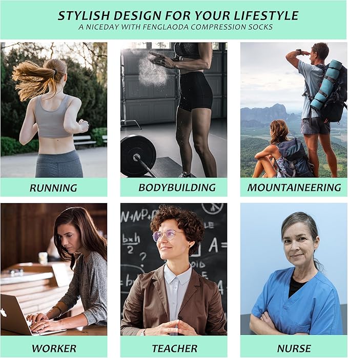 fenglaoda Compression Socks Women Men 6 Pairs, Knee High Best Support Circulation Socks for Running, Travel, Flight, Nurse