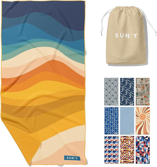 SUN'Y Waffle Microfiber Beach Towel – Sand Free, Quick Dry, Ultra Absorbent, Lightweight & Compact Travel Towel with Carry Bag - Large (63” x 31.5”), Boho