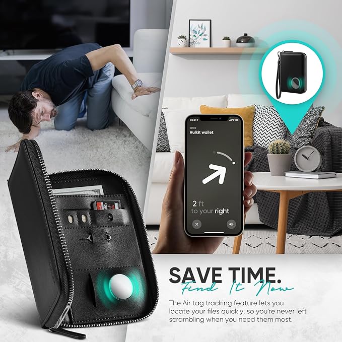 VULKIT Passport Holder for Travel with Airtag Slot, Premium Nappa Leather, RFID Blocking, Zipper Closure with Wrist Strap, Travel Document Organizer