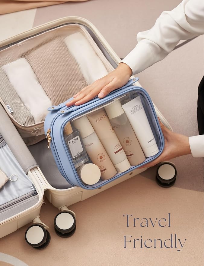 Clear Cosmetic Bag Double Layer Travel Toiletry Bag Clear Makeup Bag Case with 4 Compartments, Transparent Travel Bag for Toiletries, Large Toiletry Bag for Women Cosmetic Case (Blue, Large)