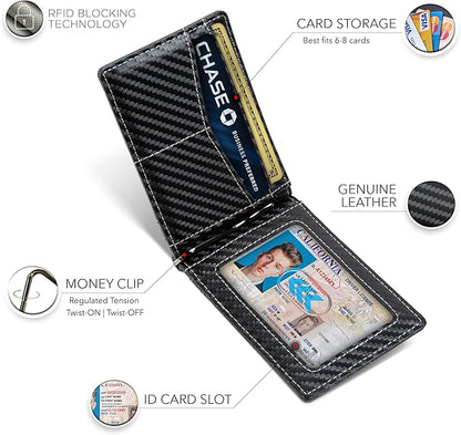 SERMAN BRANDS AirTag Wallet - RFID Blocking Mens Minimalist Money Clip Wallet for Airtag - Full Grain Leather - Slim Bifold. Front Pocket for Air tag Wallets for men. Gift (Carbon Air)