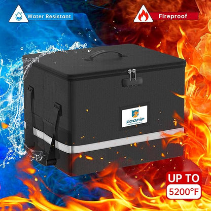 Fireproof File Box with Lock, 5200°F Document Box Storage Organizer, Suitable for Hanging File Folders in Letter Size, Collapsible Box, Reflective Strip for Fast Find (16.6*12.6*10.2, Black)