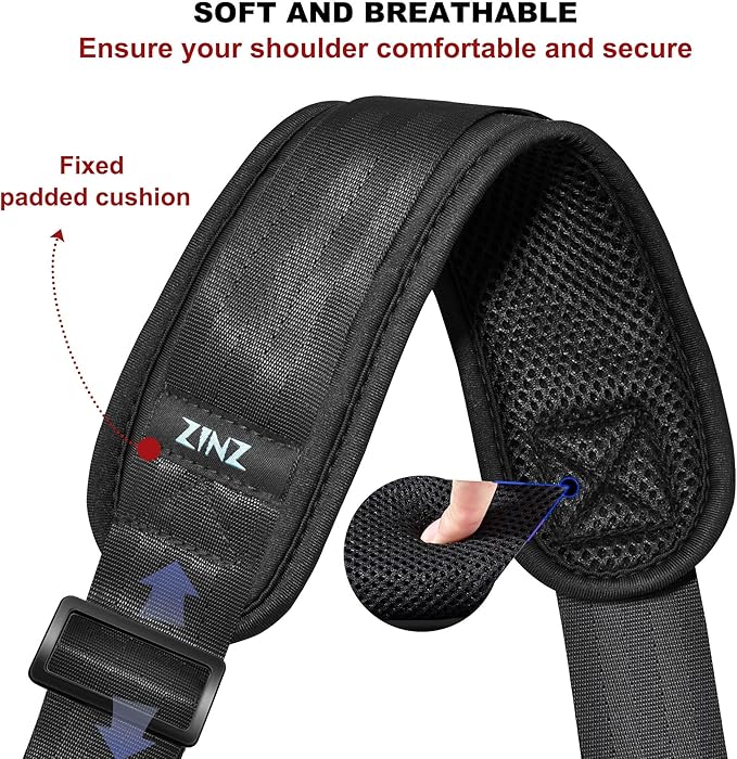 ZINZ 74" Shoulder Strap with Fixed Pad and Dual Balanced Buckles，Black