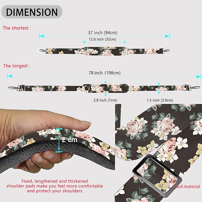 ZINZ Shoulder Strap 78" Universal Handbag Strap with Ultra-thick Fixed Padded and Dual Balanced Adjustable Buckles Shoulder Crossbody Strap for Briefcase Messenger Bag Laptop bag Luggage，Black rose