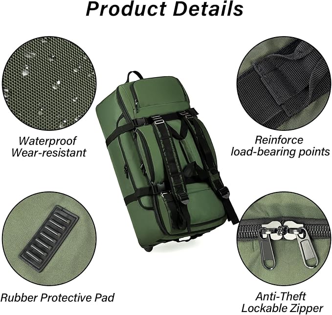 Rolling Duffle Bag with Wheels, 90L 32-inch Large Foldable Travel Duffel Bags Durable, Tear-resistant Heavy-duty Luggage Bag (Green)