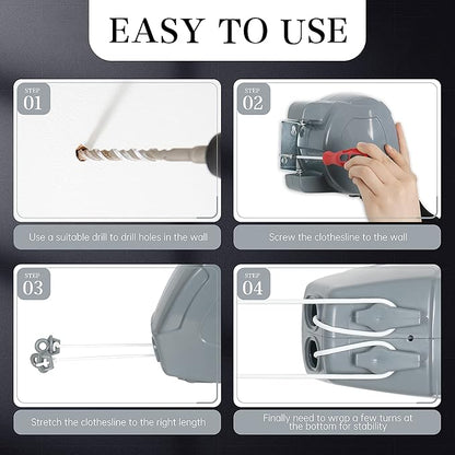 Retractable Clothesline Heavy Duty Retracting Clothes Line Outdoor and Indoor with Durable ABS Shell and 2x49 Feet Extruded PVC Line,with Lock to Prevent Sagging