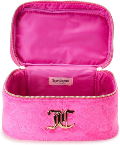 Juicy Couture Hot Pink Makeup Bag Cosmetics Organizer Travel Essentials Train Case Velour Heart Crown