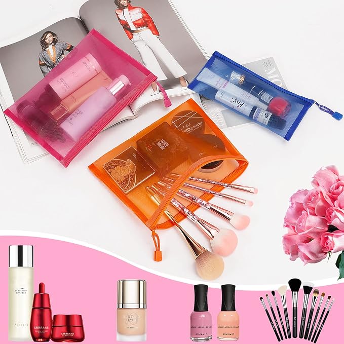 12 Pieces Zipper Nylon Mesh Pouch, Mesh Cosmetic Bags Makeup Bags Pencil Case, Multipurpose Travel Bags for Cosmetic School Office Supplies and Travel Accessories (Multicolored 01, A5+B6)