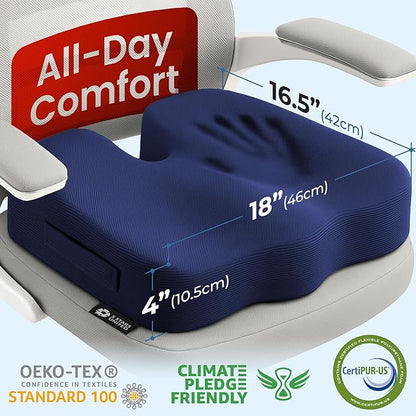 5 STARS UNITED Seat Cushion for Tailbone Pain Relief – Large Memory Foam Cushion for Coccyx, Hip, Sciatica & Post-Surgery Recovery – Wheelchair, Car, Desk, Gaming & Office Chairs, Blue