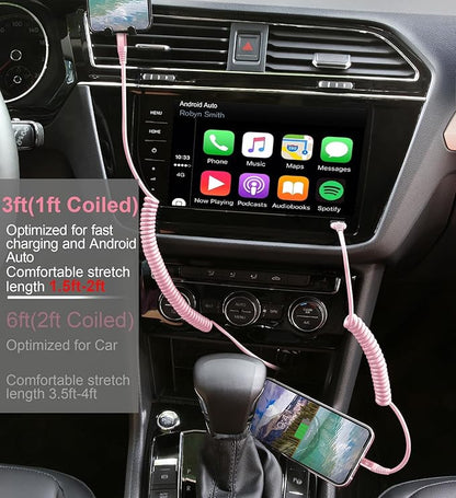 iPhone Charger Cable for Car 3FT, 2Pack Coiled Coiled Lightning Cable [Apple MFi Certified] iPhone Cable Compatible with iPhone14/13/12/11 Pro Max/XS MAX/XR/XS/X/8/7/Plus-Pink