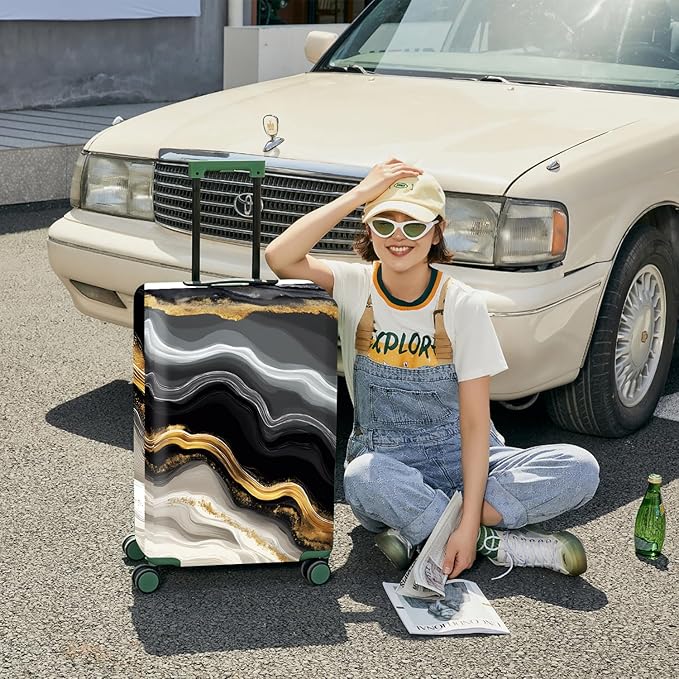 FOREVER QUEEN Gradient White Black Gold Marble Luggage Cover Suitcase Protector Suitcase Cover Anti-Scratch,Stretchable Bag Cover Washable Durable Polyester