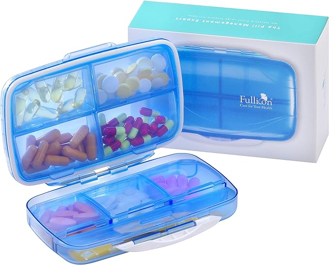 Travel Pill Organizer Large Portable Medication Organizer, Fullicon Oversize 8 Compartment Pill Box, Vitamin Travel Case Pill Holder - Airtight & Moistureproof (Blue)