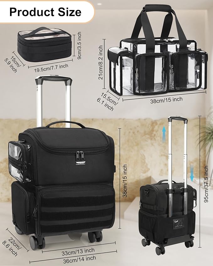 Relavel Rolling Makeup Train Case, Cosmetology Case on Wheels with 4 Clear Bags and Clear Makeup Bag, Professional Makeup Artist Set Bags Organizer with 360° Spinner Wheels