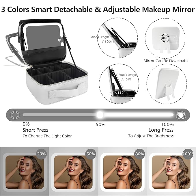 MOMIRA Travel Makeup Bag Cosmetic Bag Makeup Organizer Bag with Lighted Mirror, Adjustable Brightness in 3 Color Scenarios, Waterproof Makeup Train Case, Gift for Women - Silver