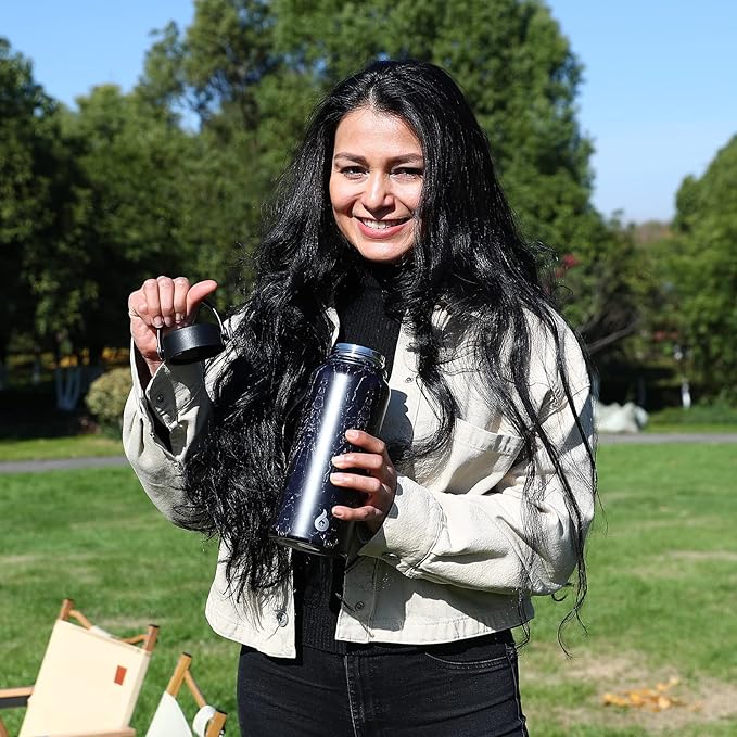 BJPKPK Insulated Water Bottles with Straw Lid, 32oz Metal Large Water Bottle with 3 Lids, Reusable Leak Proof BPA Free Thermo, Stainless Steel Tumblers for Sports, Gym, Travel-Midnight