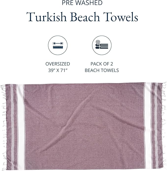 LANE LINEN Turkish Beach Towels, 2 Pack Extra Large Beach Towel, Pre-Washed for Soft Feel, Oversized Sand Free Quick-Dry Pool Towel, Beach Towels for Adults, 39"x71" - Wistful Mauve