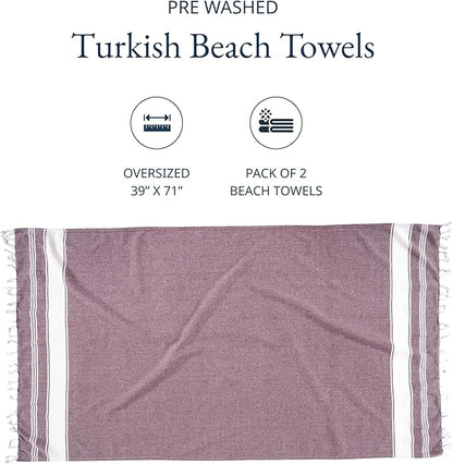LANE LINEN Turkish Beach Towels, 2 Pack Extra Large Beach Towel, Pre-Washed for Soft Feel, Oversized Sand Free Quick-Dry Pool Towel, Beach Towels for Adults, 39"x71" - Wistful Mauve