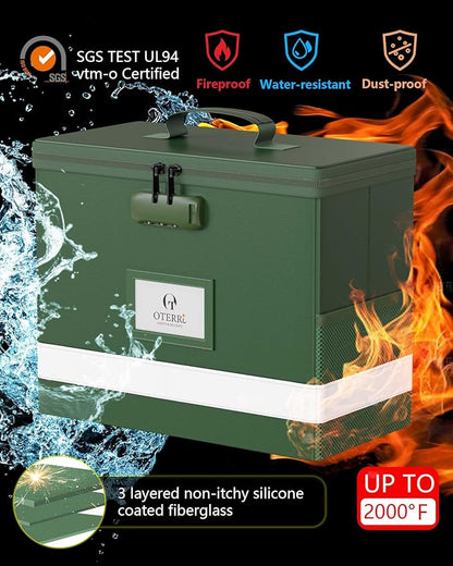 Oterri 2 Pack Fireproof Document Box With Lock, Portable File Safe Box Fireproof Waterproof For Letter Files, Collapsible Fireproof File Box With Handle (Green, 2 Pack)