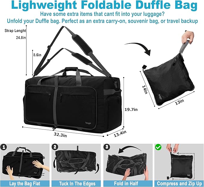 Bago Big XXL Foldable Duffel Bags for Traveling Women & Men - 140L Packable Duffle Bag for Travel with Shoe Compartment - Water Repellant, Heavy Duty, Lightweight Folding & Collapsible (Black)