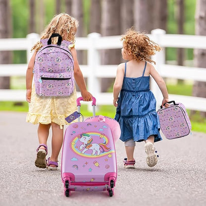 Goplus 5 Piece Kid’s Luggage Set, 16” Carry on Suitcase w/13” Backpack, Neck Pillow, Hardside Spinner Toddler Luggage, Travel Rolling Suitcase for Boys Girls Gifts (Pink, Unicorn)