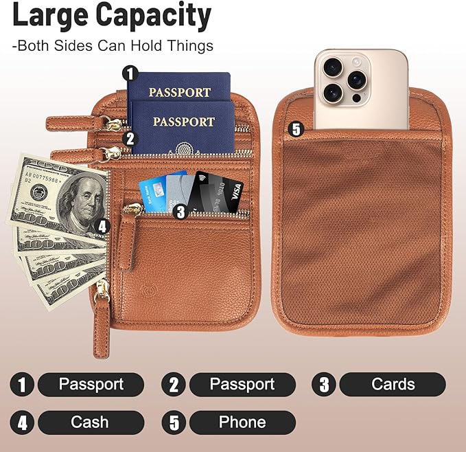 Sizobi Neck Wallet for Traveling Women Men, RFID Blocking Leather Passport Holder Travel Pouch, Family Travel Document Organizer Passport Wallets,International Travel Must Haves Travel Accessories