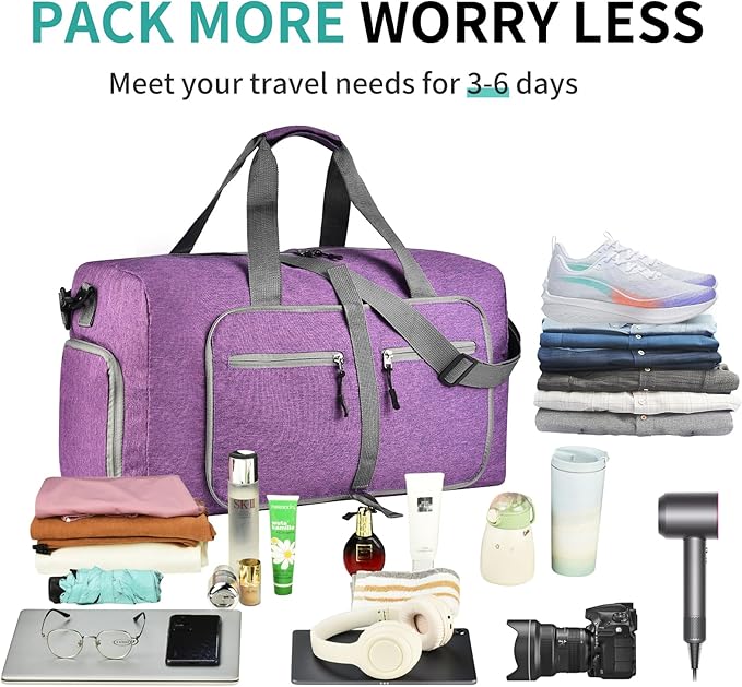 Dimayar 65L Travel Duffle Bag for Men Women - Foldable Duffel Bag with Shoes Compartment - Overnight Bags Waterproof & Tear Resistant(Purple)