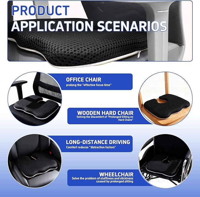 Gooo&Ma Ergonomic Seat Cushion with Air Fiber Core, Office Chair Cushion with Washable Cover & Non-Slip Base for Pressure Relief, Comfort for Long Sitting, Driving, Gaming(Black)