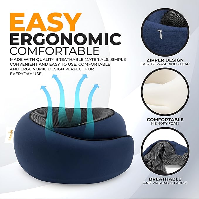 EdgeVoy™ Travel Neck Pillow, Memory Foam Travel Pillow for Airplanes, 360º Ergonomic Design, Asymmetrical Sides, Washable Modal Cover, Ideal for Travel, Car Rides, & Home Use (Navy Blue)