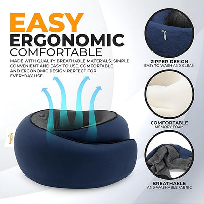 EdgeVoy™ Travel Neck Pillow, Memory Foam Travel Pillow for Airplanes, 360º Ergonomic Design, Asymmetrical Sides, Washable Modal Cover, Ideal for Travel, Car Rides, & Home Use (Navy Blue)