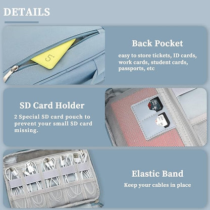 Lanola Electronic Accessories Case,Electronics Travel Organizer, Portable Double Layer Cable Storage Bag for Cord, Charger, Flash Drive, Phone, SD Card,Flash Drive,Adapter - Light Blue