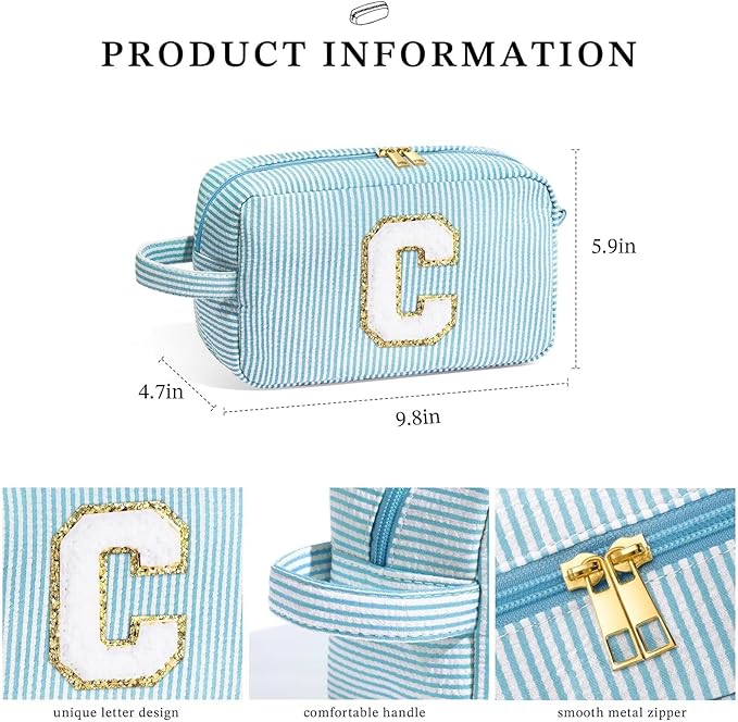 YOOLIFE Travel Makeup Cosmetic Bag - Personalized Monogram Cute Blue Initial Makeup Bags Cosmetic Toiletry Bag Pouch Make Up Case for Women Her Mom Friend Sister Teacher, Birthday Gifts for Women V
