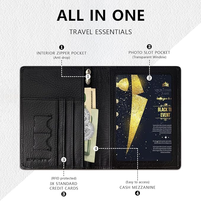 Genuine Leather Passport Holder Wallet Cover Gift for Women and Men-Gifts for Dad from Daughte-Travel Essentials Rfid Passport document Holder with Zipper Slot (Black)