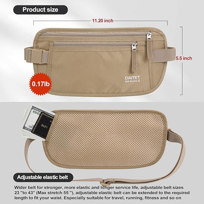 DAITET Money Belt - Passport Holder Secure Hidden Travel Wallet with RFID Blocking, Undercover Fanny Pack (Beige)