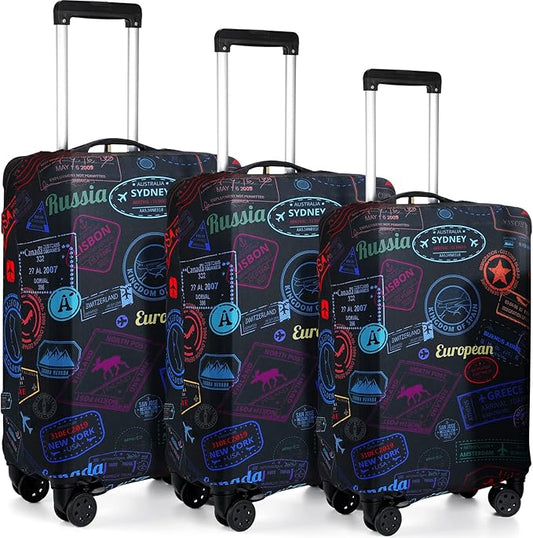 Sherr 3 Pieces Travel Luggage Cover Suitcase Protector Anti Scratch Suitcase Washable Baggage Covers(Vintage Theme,Medium/L/XL)