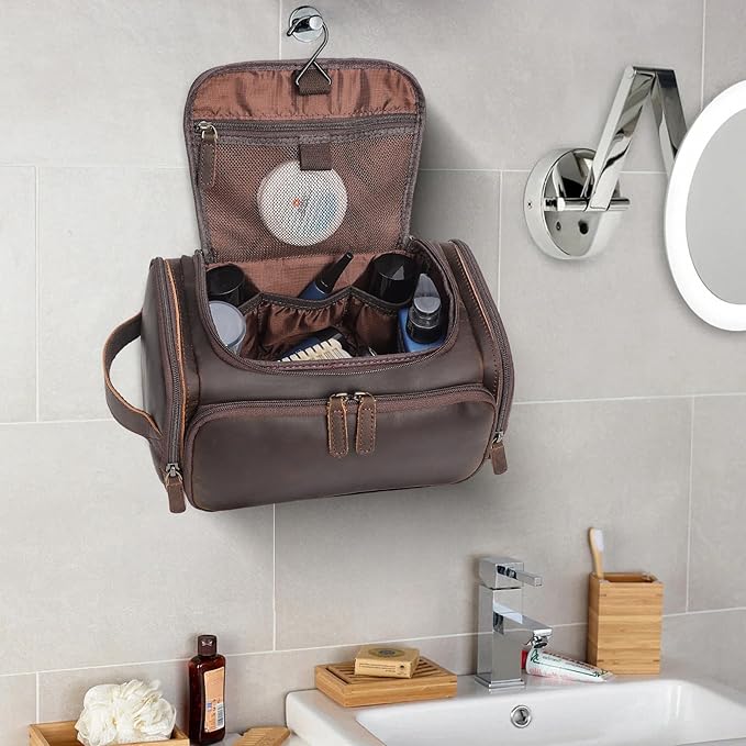 Polare Full Grain Leather Toiletry Case Bag Travel Dopp Kit Organizer Hanging Makeup Cosmetic Shaving Kit Wash Case for Men