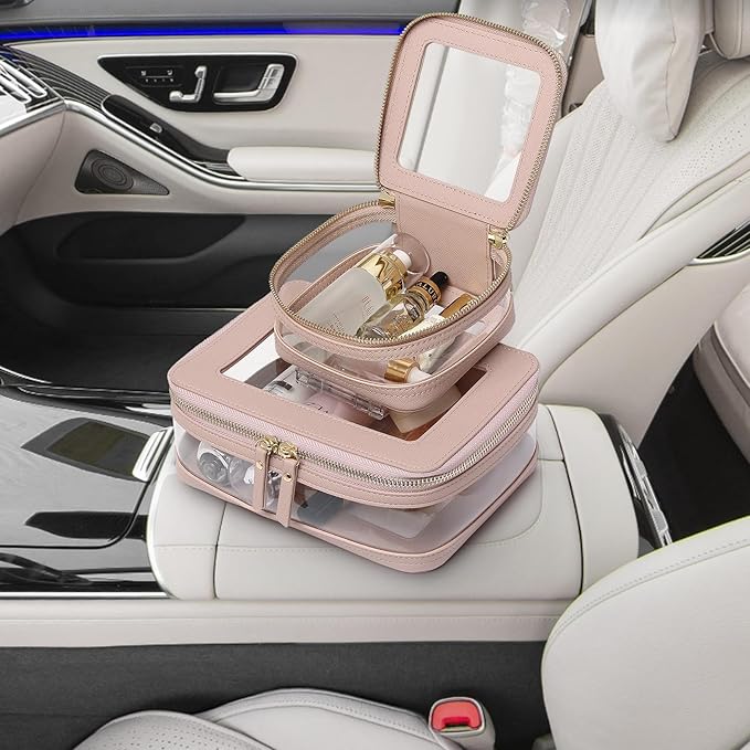 Pinkmik Clear Makeup Bag with Zipper Waterproof Travel Makeup Set for Cosmetics and Toiletries Women's Purse Organizer and Car Essentials (Pink, M+MINI-1)