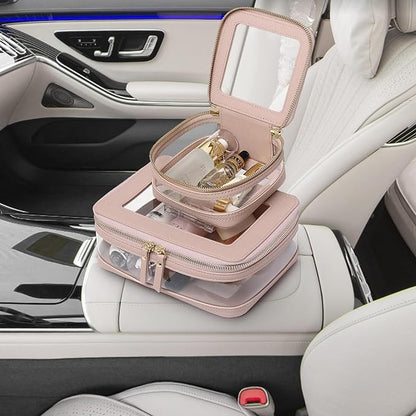 Pinkmik Clear Makeup Bag with Zipper Waterproof Travel Makeup Set for Cosmetics and Toiletries Women's Purse Organizer and Car Essentials (Pink, M+MINI-1)
