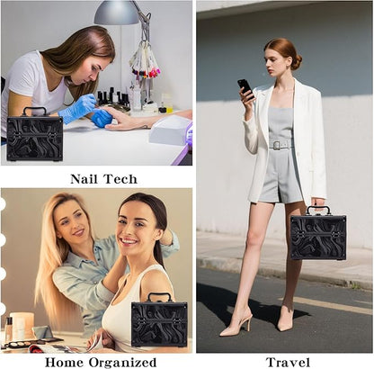 Makeup Train Case, Portable Makeup Case with Mirror, 2-Trays Cosmetic Organizer Case,Nail Polish Organizer, Travel Makeup Box, Profesional for Salon Barber, Pattern Black