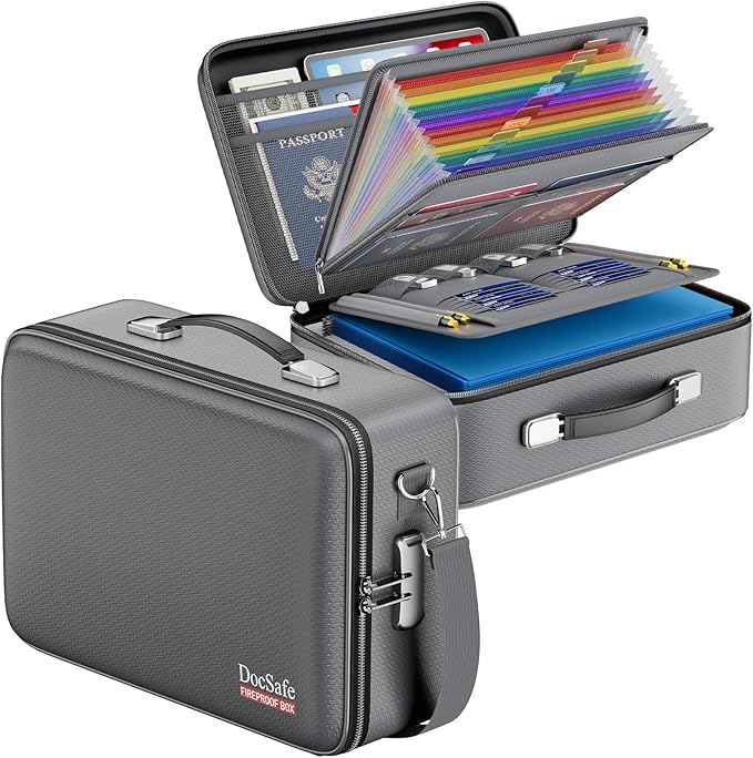 DocSafe Fireproof Document Box with Lock, Hard Case File Organizer with Accordion File Folder, Fireproof Water Resistant Safe Box Home Office Travel Storage for Important Documents Laptop Gray