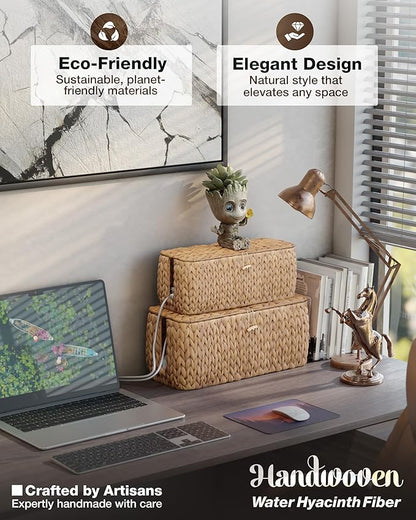 Large Cable Management Box, Natural Rattan Cable Cord Organizer Boxes for Power Strip – 2 Open Slots Cords Hider Box for TV Wires, Computer, Router, USB Hub and Under Desk Power Strip (Hyacinth)