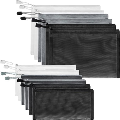 12 Pieces Zipper Nylon Mesh Pouch, Mesh Cosmetic Bags Makeup Bags Pencil Case, Multipurpose Travel Bags for Cosmetic School Office Supplies and Travel Accessories (Black,White,Grey, A5+B6)