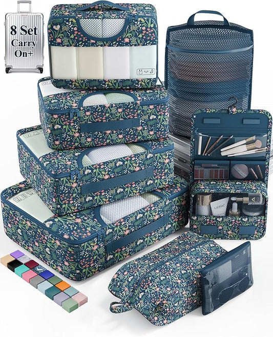 Veken 8 Set Packing Cubes for Travel Essentials, Suitcase Organizer Bags in 4 Sizes, Carry-On Luggage Accessories with Large Laundry & Hanging Toiletry Bag, Must-Have for Airplane, Road Trip & Camping