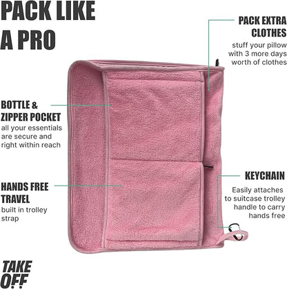 TAKE Off Travel Pillow and Blanket Set with Water Bottle Pockets and Zippered Storage for Travel Essentials – Compact Fleece Throw in a Soft Pillow Case with Luggage Sleeve. Fits 3 Days of Clothes