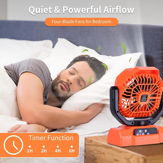 AVV 20000mAh High Speed Portable Camping Rechargeable Fan with Remote Control, Battery Powered with Auto Oscillating with Camping Essentials Accessories for Outdoor, Beach, Patio, Tent, Orange
