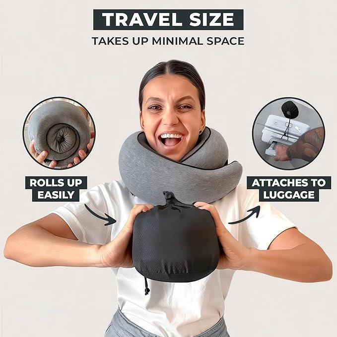 Neck Travel Pillow – Ergonomic Airplane Pillow for Neck Support & Comfort | Compact & Washable Cover | Perfect for Airplane, Car, Train & Home Use | Travel Pillow for Adults & Kids (Gray)