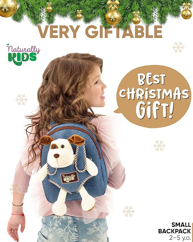 Naturally KIDS Dog Backpack, Dog Toys for Toddlers, Toddler Stuffed Animals Gifts for 2 3 4 5 Year Old Girl Boy