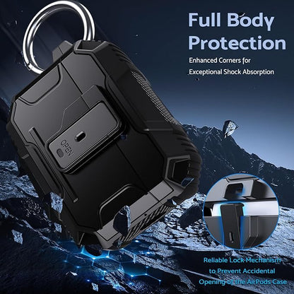 DASFOND Armor Earphone Cover Case for Airpods Pro 2, Military Grade Full Body Shockproof Protection Hard Case, Support Wireless Charging with Keychain, Magnetic Lid, Front LED Visible, Black