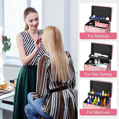 Makeup Train Case with Drawer, Rolling Makeup Case, Cosmetology Case on Wheels, Gift, Travel Makeup Organizers, Profesional Cosmetic Case for Salon Barber,Nail,Tattoo, Pink