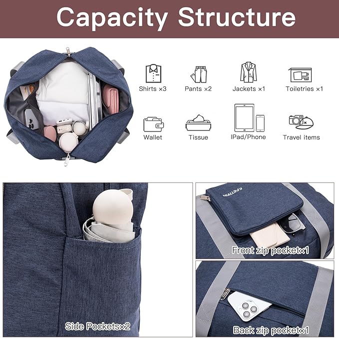 For Spirit Airlines Personal Item Bag 17.7x12.6x6.3 Foldable Travel Duffel Bag Underseat Carry-on Luggage for Women and men 25L(Navy Blue)